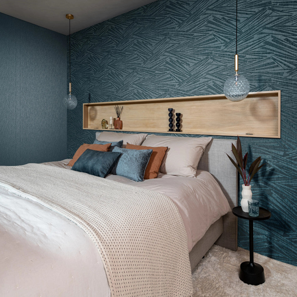 Sky Lounge Abstract Wallpaper in Petrol, Beige, Grey and Gold